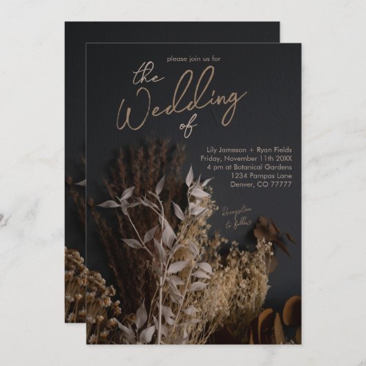 Invitation Ardoise noire Mariage floral séché noir Boho rusti (Devant / Derrière)