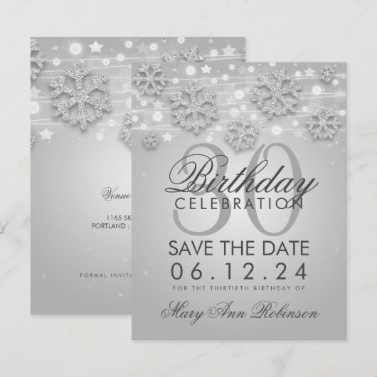 Invitation Argent 30e anniversaire Save Date Winter (Devant / Derrière)
