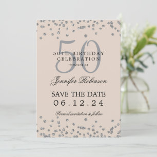 Invitation Argent 50 Anniversaire Date de sauvegarde Confetti