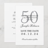 Invitation Argent 50th Birthday Save Date avec détails (Devant / Derrière)