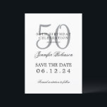 Invitation Argent 50th Birthday Save Date avec détails<br><div class="desc">Design élégant "50th Birthday Party" avec un script de typographie formel,  nom personnalisé et texte de détails. Facile à utiliser et facile à personnaliser. Commandez aujourd'hui !</div>