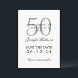 Invitation Argent 50th Birthday Save Date avec détails<br><div class="desc">Design élégant "50th Birthday Party" avec un script de typographie formel,  nom personnalisé et texte de détails. Facile à utiliser et facile à personnaliser. Commandez aujourd'hui !</div>