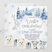 Invitation Argent Arctic Animaux Hiver Onederland Anniversair (Devant / Derrière)