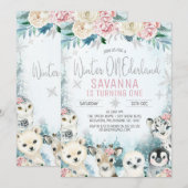 Invitation Argent Arctic Animaux Hiver Onederland Anniversair (Devant / Derrière)