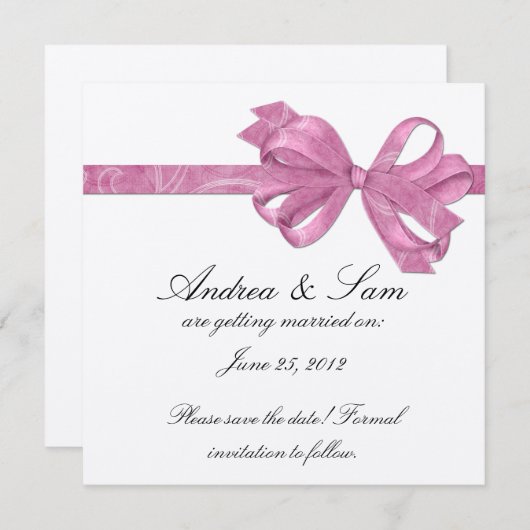 Invitation Argent avec ruban de cabot rose Enregistrer la dat (Devant / Derrière)