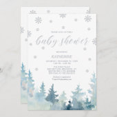 Invitation ARGENT | Baby shower de forêt d'hiver de Snowflake (Devant / Derrière)