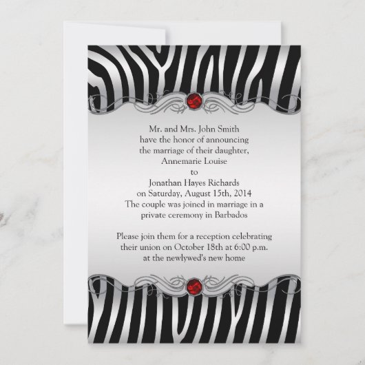 Invitation Argent Black Zebra Red Jewel Post Mariage Invitati (Devant)
