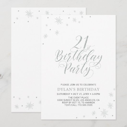 Invitation Argent & Blanc | Fête d'anniversaire 21 ans chic m (Devant / Derrière)