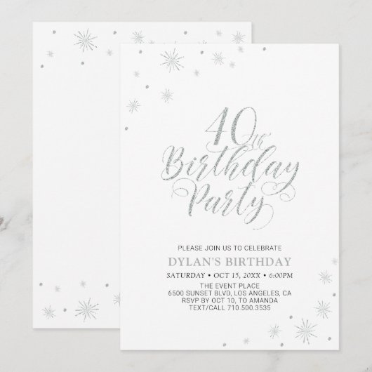 Invitation Argent & Blanc | Fête d'anniversaire moderne et ch (Devant / Derrière)