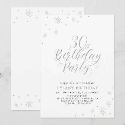 Invitation Argent & Blanc | Fête d'anniversaire moderne et ch (Devant / Derrière)