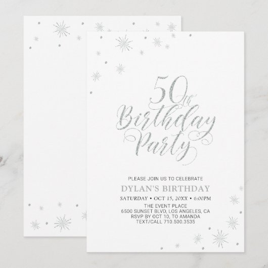 Invitation Argent & Blanc | Soirée d'anniversaire chic et mod (Devant / Derrière)