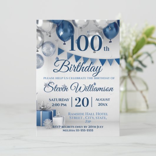 Invitation Argent bleu 100e anniversaire (Debout devant)
