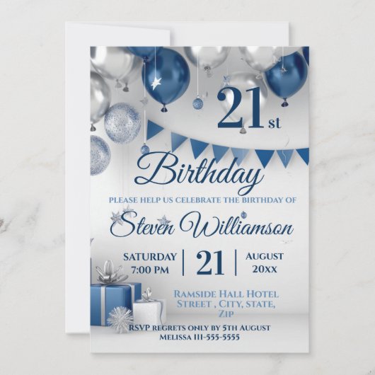 Invitation Argent bleu 21e anniversaire (Devant)