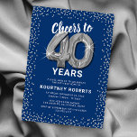Invitation Argent bleu 40e anniversaire<br><div class="desc">Elégante invitation de fête de quarantième anniversaire avec un arrière - plan bleu élégant qui peut être changé à n'importe quelle couleur,  parties scintillant brillante argent,  quarante ballons d'hélium argent,  et un modèle de texte de célébration de 40e anniversaire moderne qui est facile à personnaliser.</div>