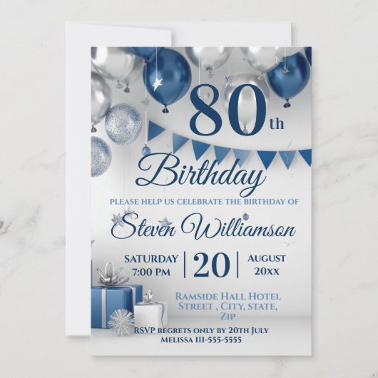 Invitation Argent bleu 80e anniversaire (Devant)