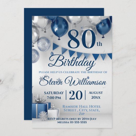 Invitation Argent bleu 80e anniversaire (Devant / Derrière)