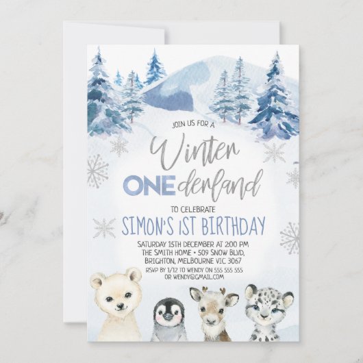 Invitation Argent Bleu Arctique Onederland hiver Anniversaire (Devant)