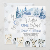 Invitation Argent Bleu Arctique Onederland hiver Anniversaire (Devant / Derrière)