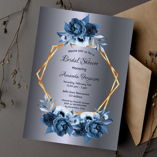 Invitation Argent bleu bleu floral or douche nuptiale