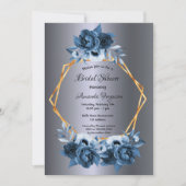 Invitation Argent bleu bleu floral or douche nuptiale (Devant)