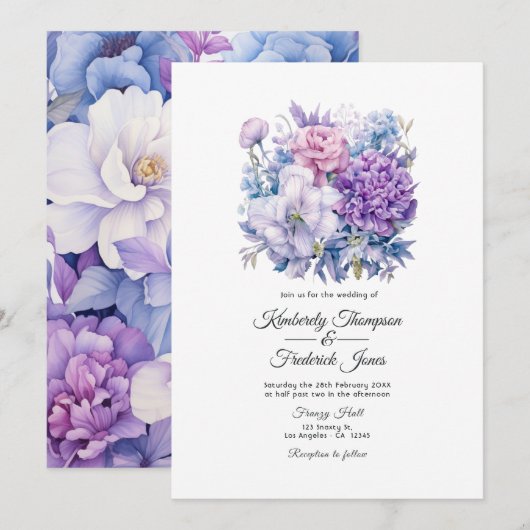 Invitation Argent, bleu Icy et Mariage floral Lilac (Devant / Derrière)