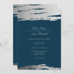 Invitation Argent & Bleu Moderne Abstrait Élégant Faux Foil