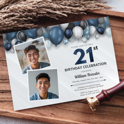 Invitation Argent bleu noir et blanc 21e anniversaire 2 photo