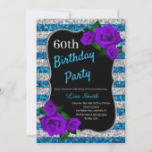 Invitation Argent Bleu Parties scintillant Violet Roses (Devant)