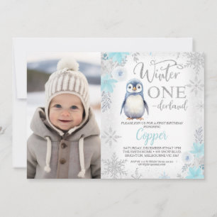 Invitation Argent Bleu Pingouin Hiver Onederland Anniversaire