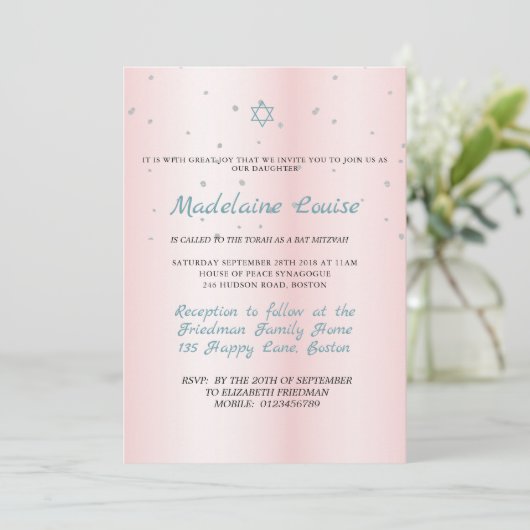 Invitation Argent bleu rose bat mitzvah (Debout devant)
