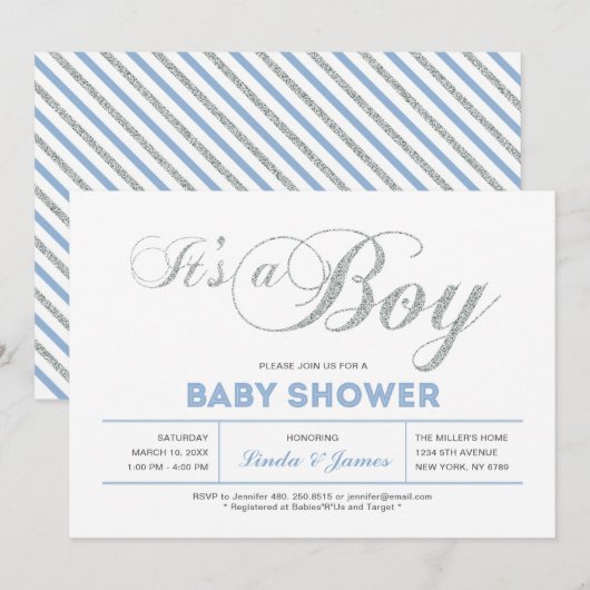 Invitation Argent, bleu | Typographie moderne Baby shower gar (Devant / Derrière)