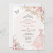 Invitation Argent Blush rose Boho Floral Quinceañera Annivers (Devant)