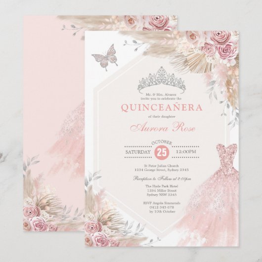 Invitation Argent Blush rose Boho Floral Quinceañera Annivers (Devant / Derrière)