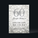 Invitation Argent Bokeh 60th Birthday Save Date avec détails<br><div class="desc">Design élégant "60th Birthday Party" avec lumières Bokeh et nom personnalisé   texte de détails. Facile à utiliser et facile à personnaliser. Commandez aujourd'hui !</div>