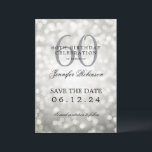 Invitation Argent Bokeh 60th Birthday Save Date avec détails<br><div class="desc">Design élégant "60th Birthday Party" avec lumières Bokeh et nom personnalisé   texte de détails. Facile à utiliser et facile à personnaliser. Commandez aujourd'hui !</div>