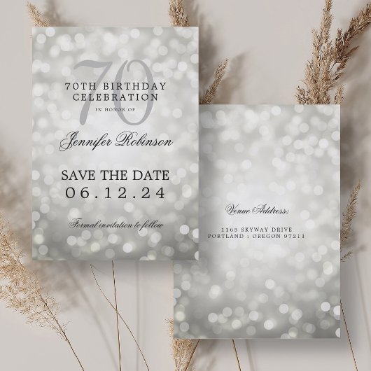 Invitation Argent Bokeh 70th Birthday Enregistrer la date