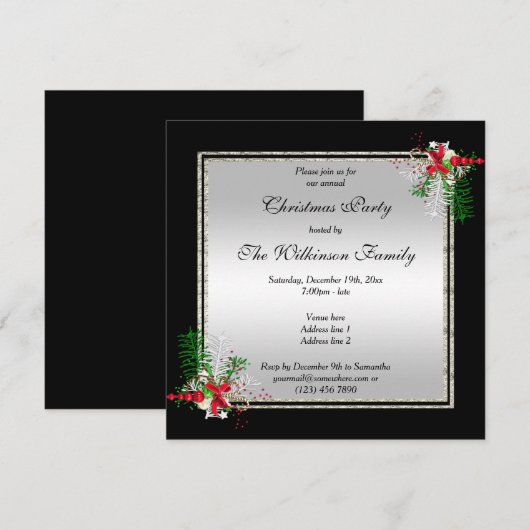 Invitation Argent brillant et noir, Décorations de coin Noël (Devant / Derrière)