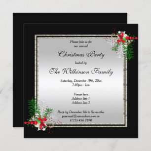 Invitation Argent brillant et noir, décorations de coin Noël