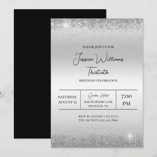 Invitation Argent Confetti & Étincelles Anniversaire (Devant / Derrière)