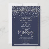 Invitation Argent confetti marine bleu script d'hiver mariage (Devant)