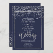 Invitation Argent confetti marine bleu script d'hiver mariage (Devant / Derrière)