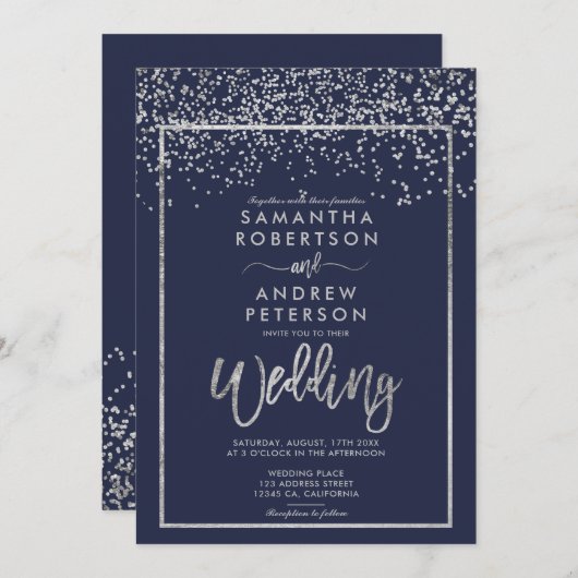 Invitation Argent confetti marine bleu script d'hiver mariage (Devant / Derrière)