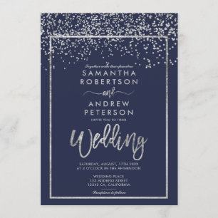 Invitation Argent confetti marine bleu script d'hiver mariage