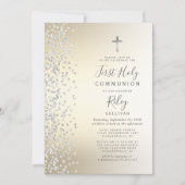 Invitation Argent Confetti Or Ombre première sainte communion (Devant)