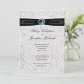 Invitation Argent Damask Black Ribbon Blue Jewel Mariage (Debout devant)