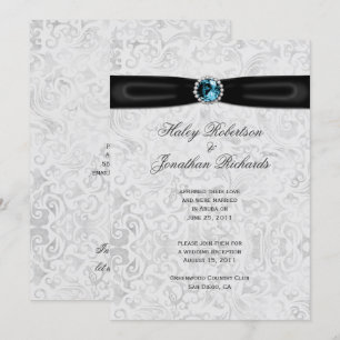 Invitation Argent Damask Black Ribbon Blue Jewel Mariage