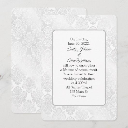 Invitation Argent Damask Shimmer Mariage Floral Design (Devant / Derrière)