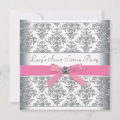 Invitation Argent Damask Sweet sixteen rose fête d'anniversai (Devant)