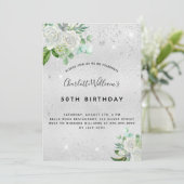 Invitation Argent d'anniversaire éclat vert floral (Debout devant)