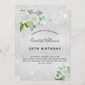Invitation Argent d'anniversaire éclat vert floral (Devant / Derrière)